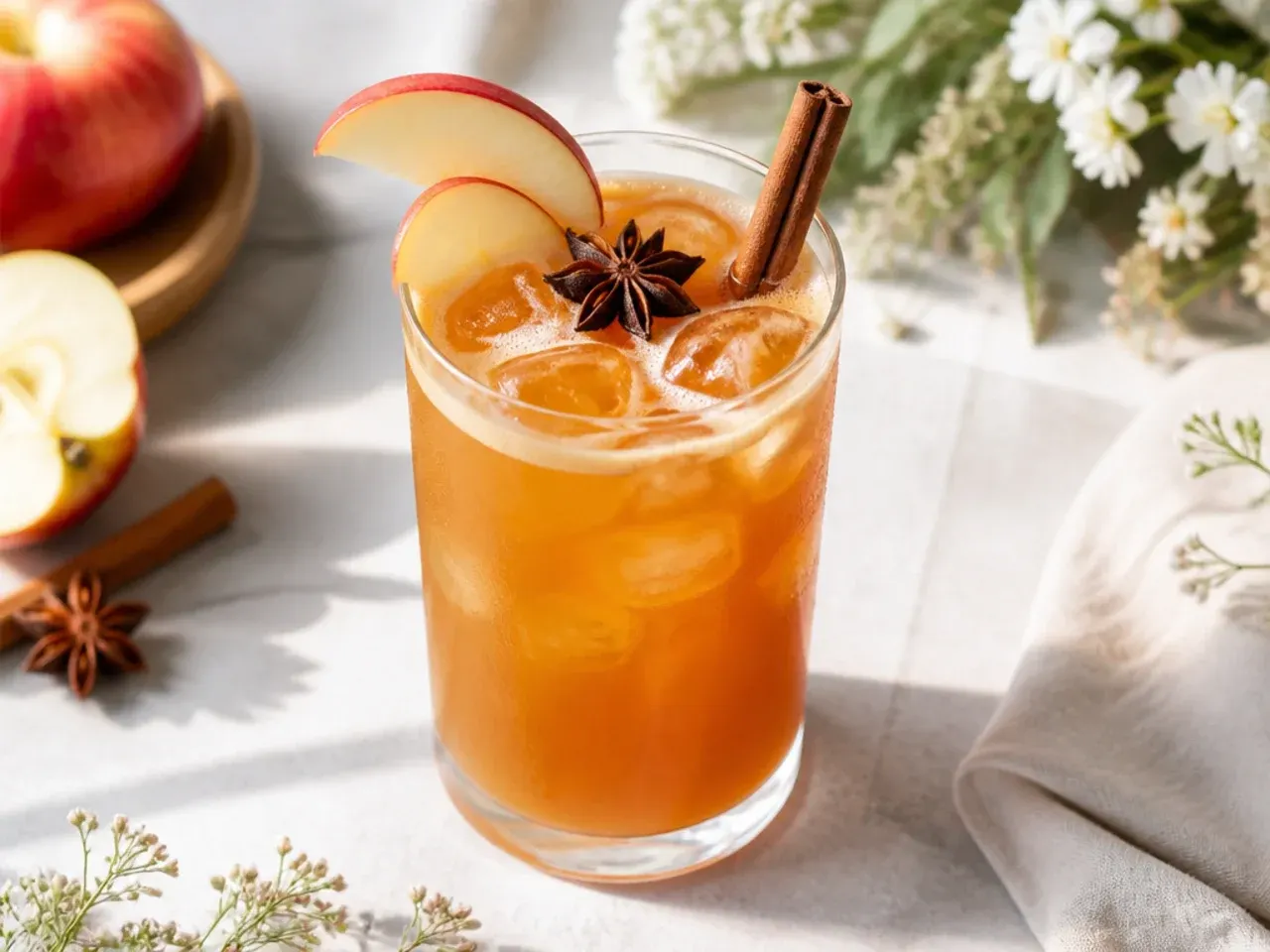 Cozy spiced apple cider in a mug with a cinnamon stick and steam rising