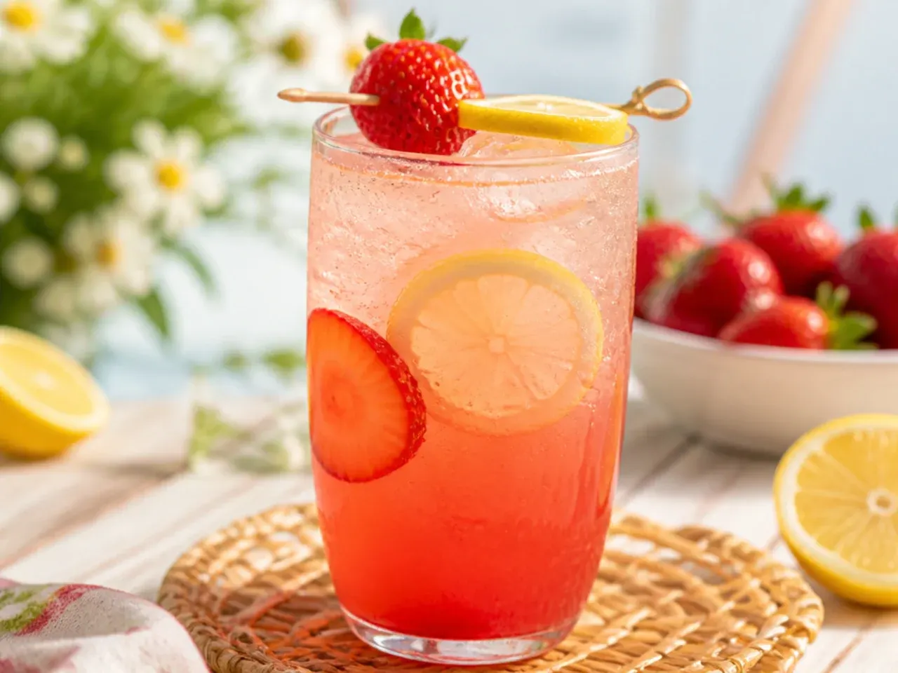 Sweet strawberry lemonade fizz in a glass with ice and a lemon wheel garnish