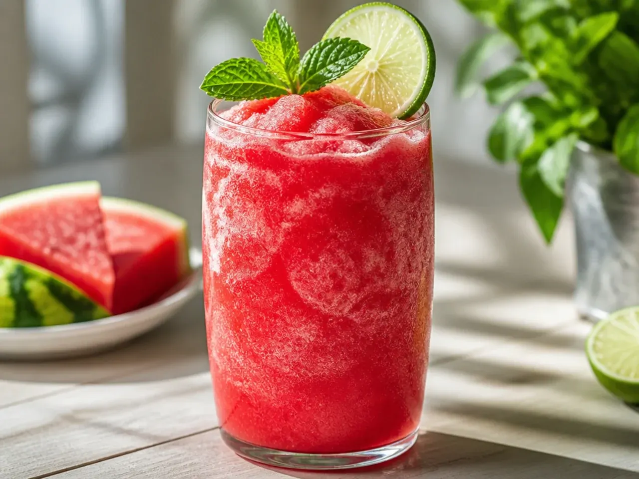 Frozen watermelon slush in a glass with a mint sprig on a sunny day