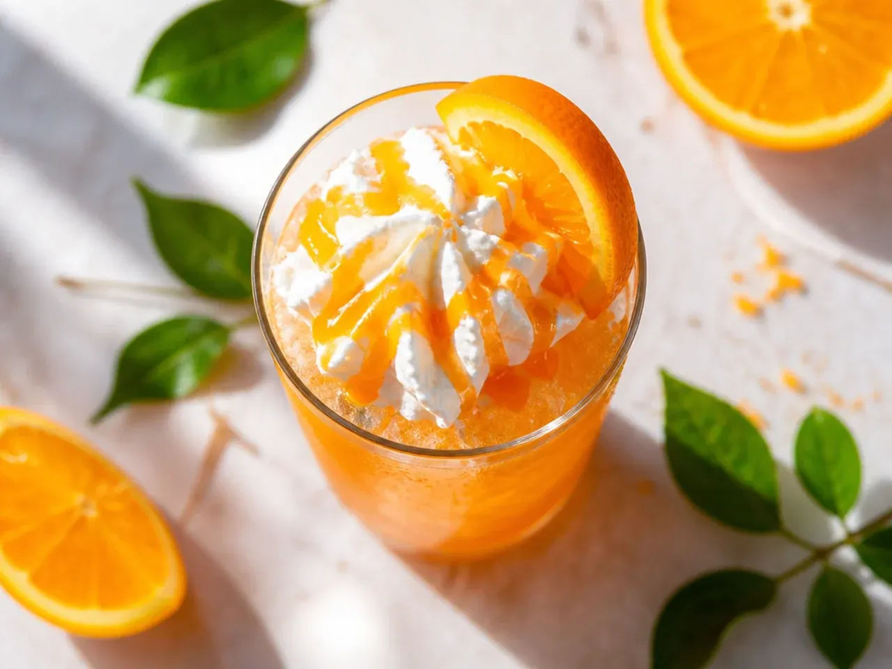 Easy orange cream fizz with a scoop of vanilla ice cream floating in the glass