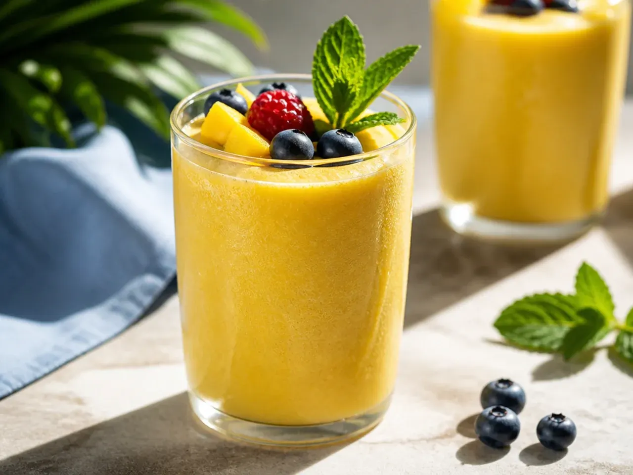Blended mango lassi cooler in a glass with a dusting of cardamom on top