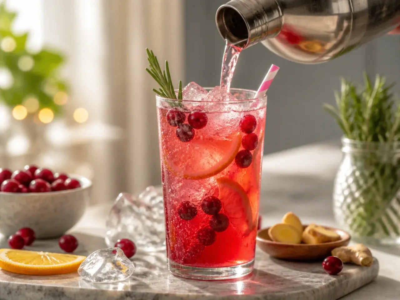 Festive cranberry ginger fizz with frozen cranberry ice cubes and a rosemary sprig