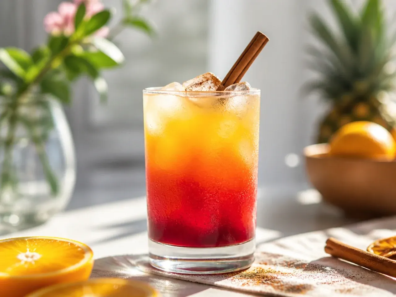 Layered sunset mocktail showing an orange-to-red gradient in a tall glass