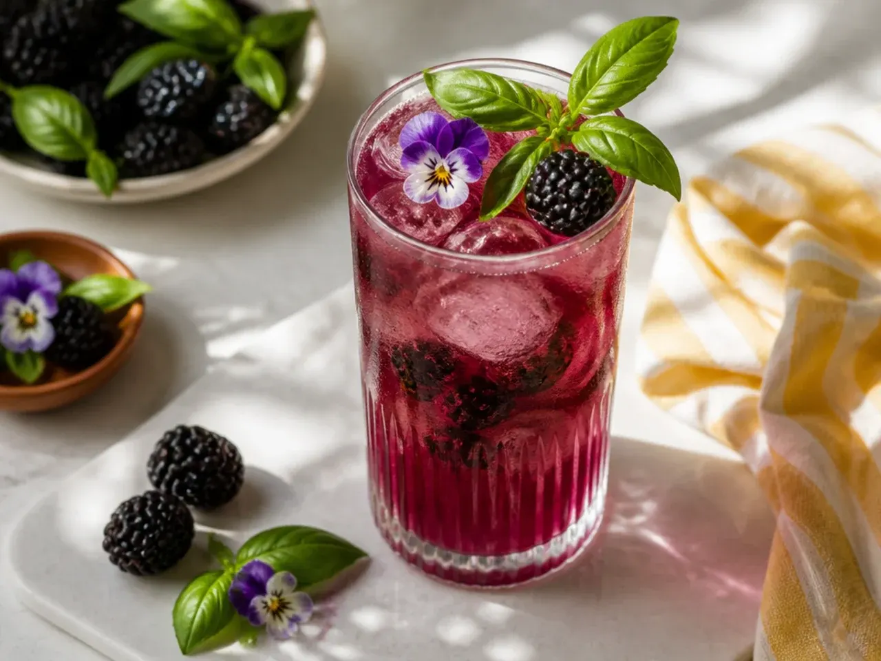 Bold blackberry basil smash in a glass with muddled berries and a basil garnish