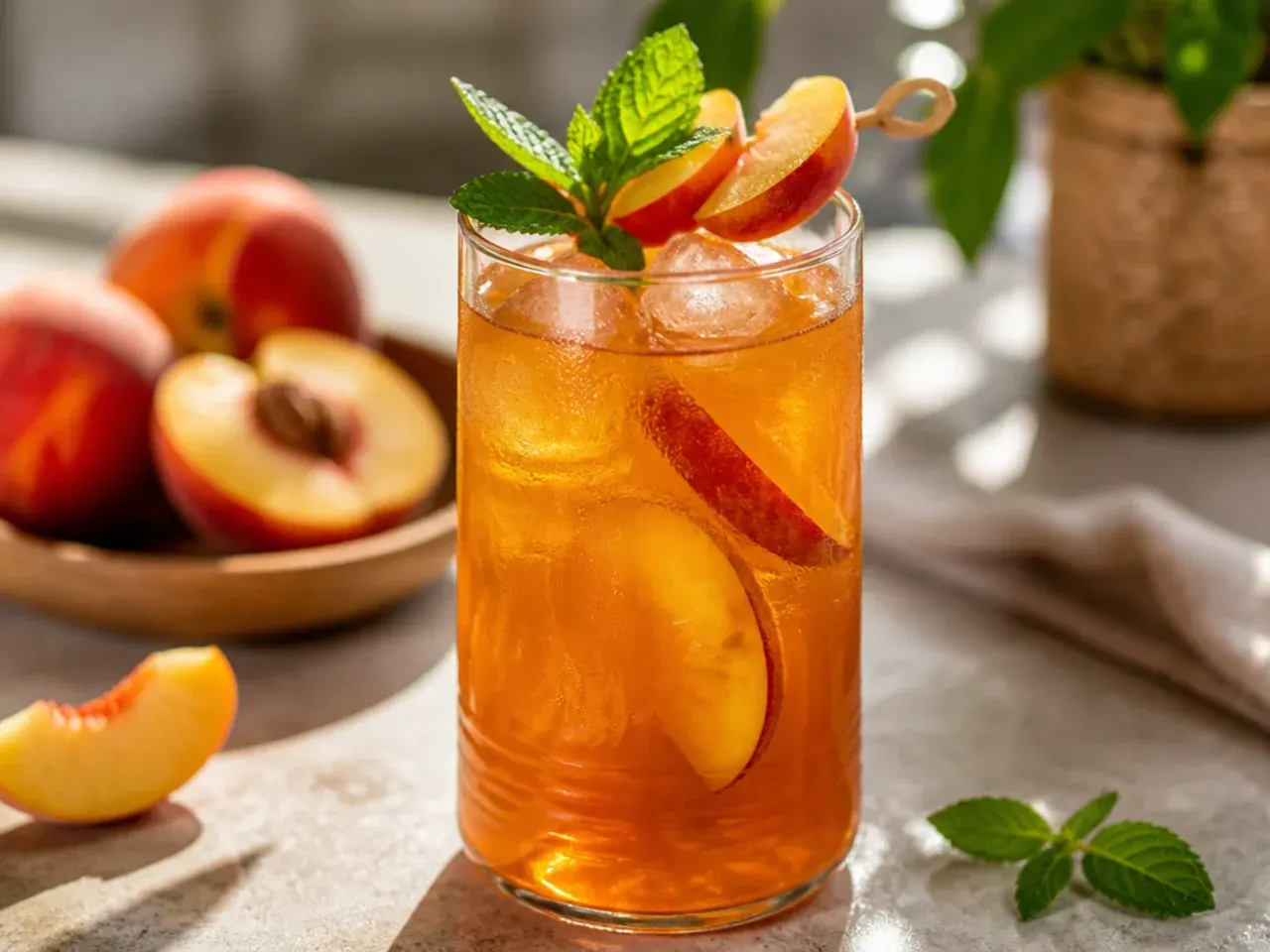 Smooth peach iced tea in a glass with frozen peach slices