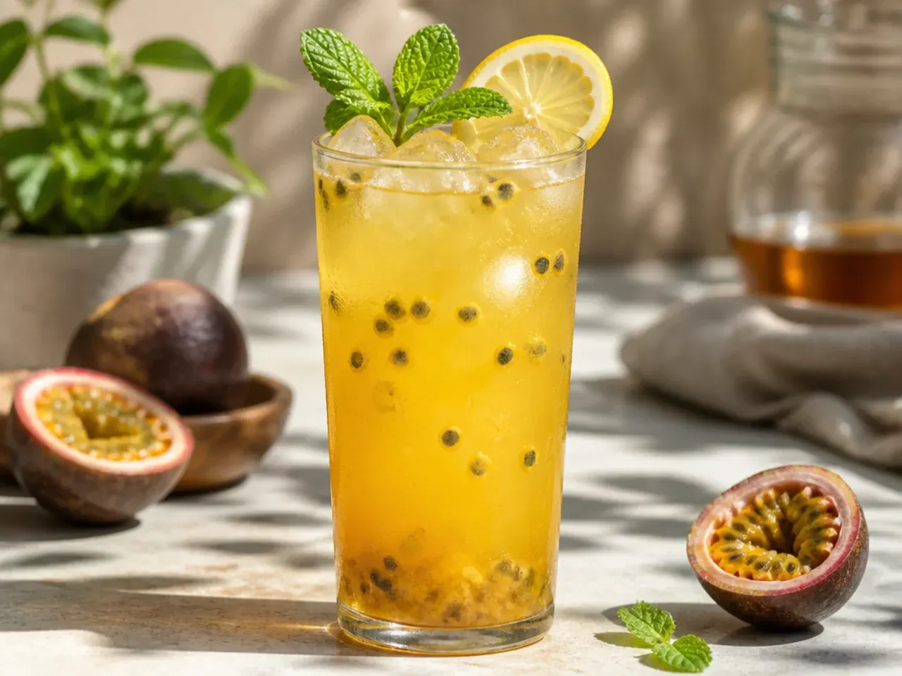 Iced passionfruit green tea with visible passionfruit seeds floating on top