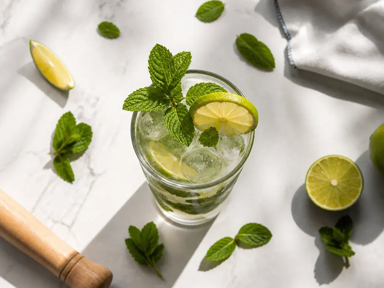 Classic virgin mojito with crushed ice, mint leaves and a lime wedge
