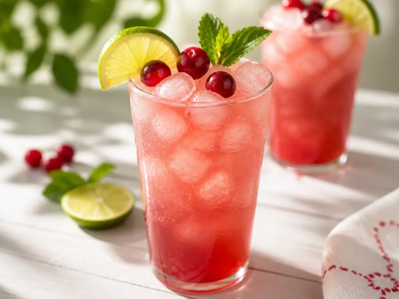 Copycat cherry limeade in a plastic cup with ice and a cherry-lime garnish