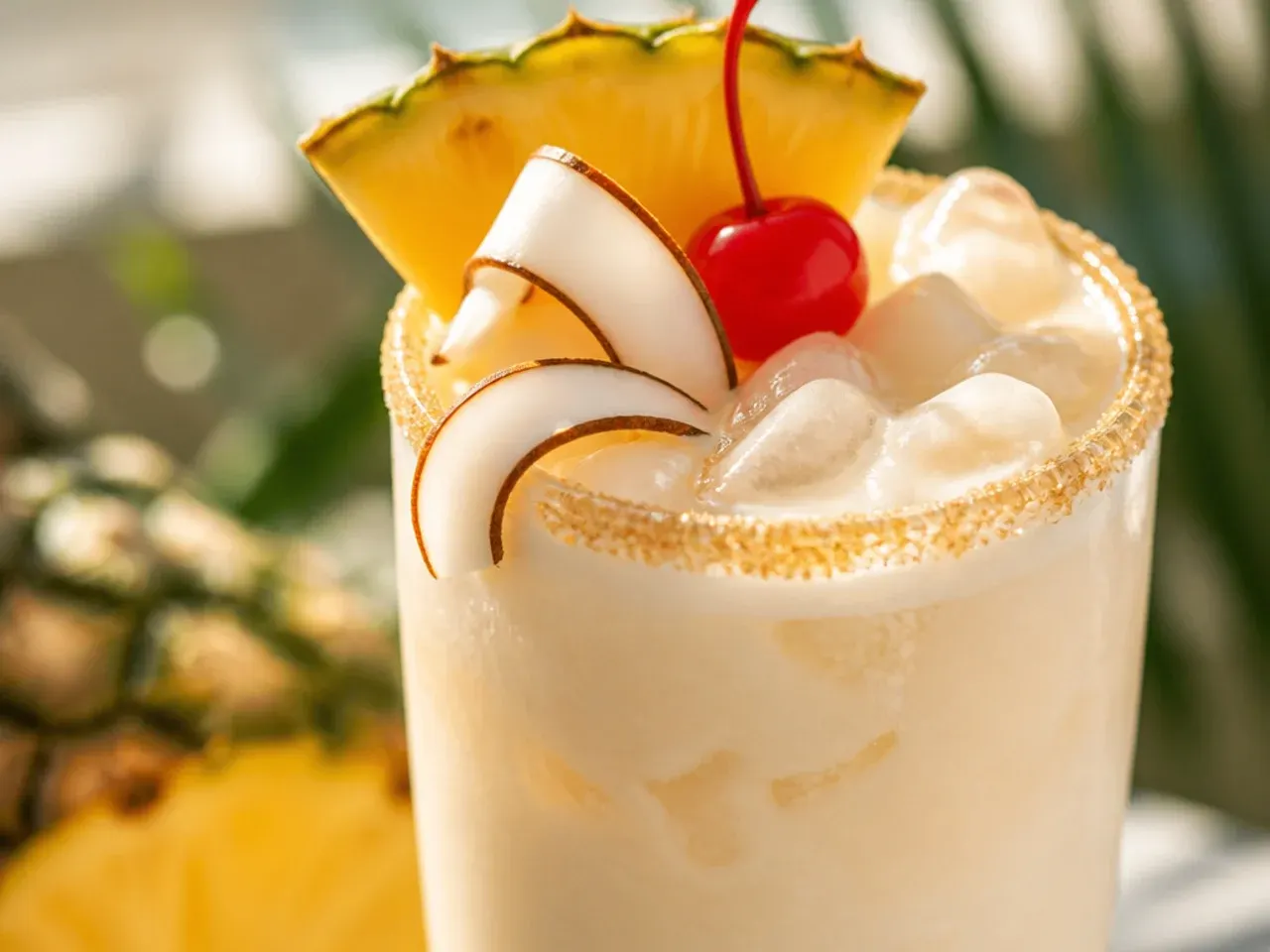 Creamy coconut piña colada mocktail in a glass with a pineapple wedge garnish