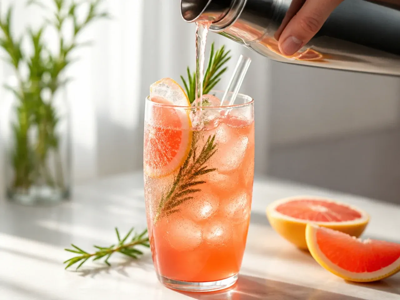 Refreshing rosemary grapefruit spritz with a rosemary sprig and grapefruit wheel
