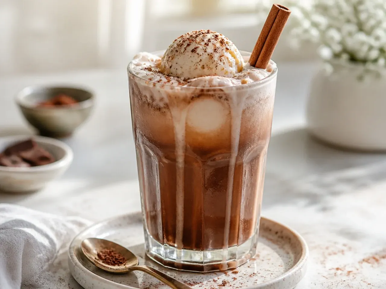 Cozy hot chocolate float with a melting scoop of vanilla ice cream on top