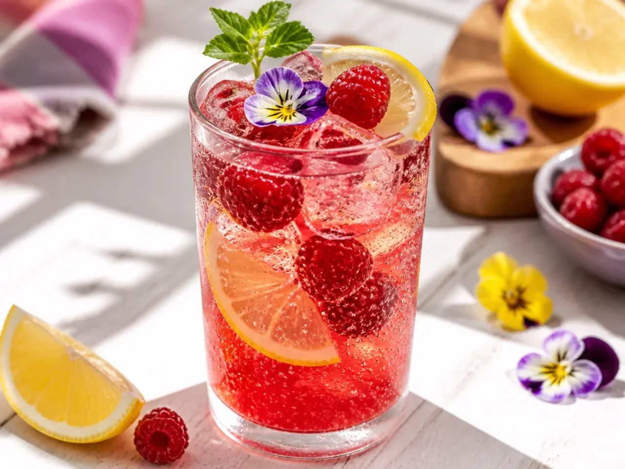 Sweet raspberry lemon fizz in a glass with whole raspberries floating