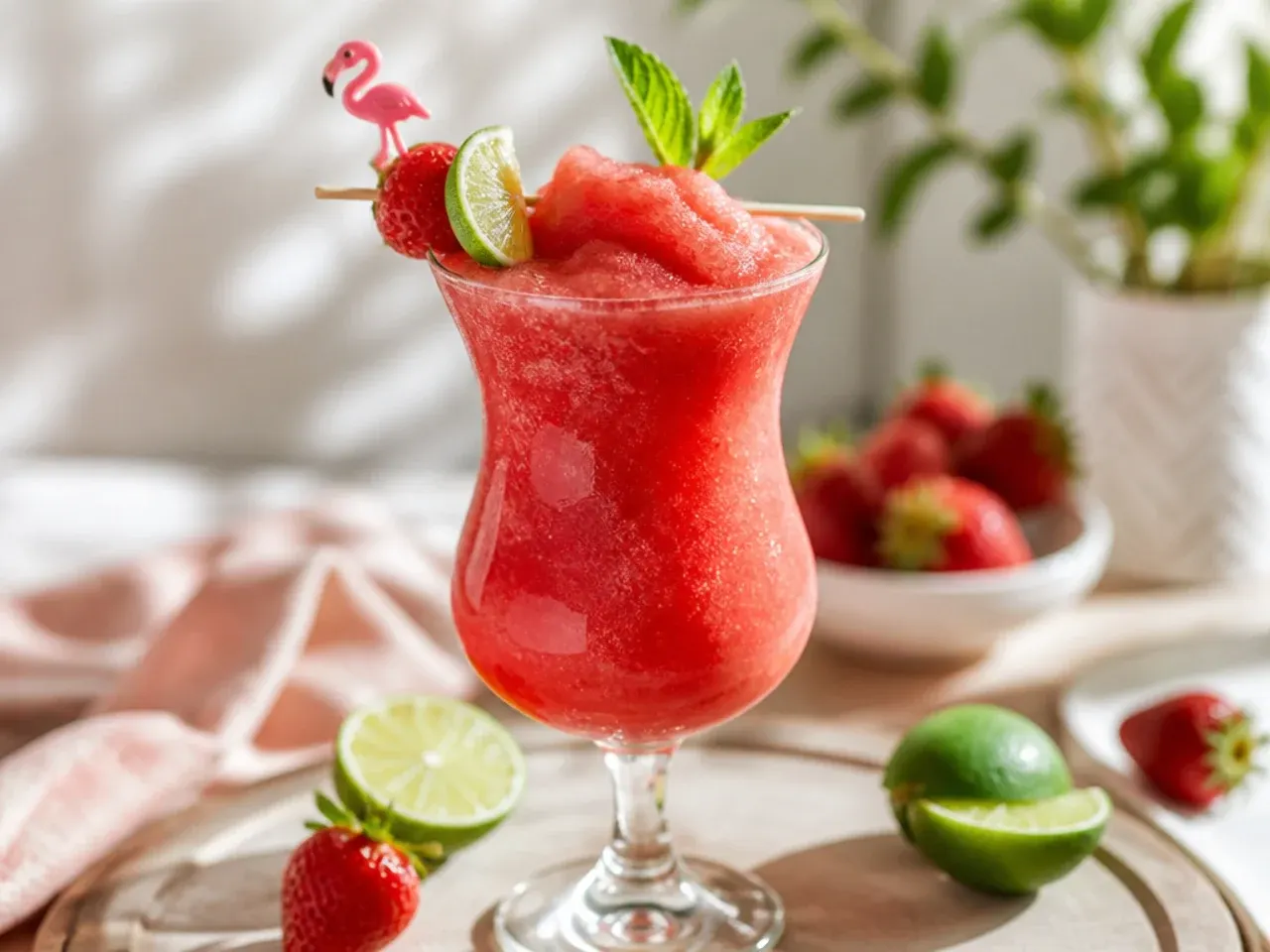 Frozen strawberry daiquiri mocktail in a sugar-rimmed glass