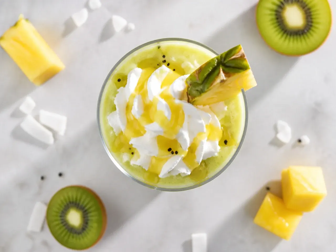 Blended piña-kiwi cooler in a glass showing its bright green colour