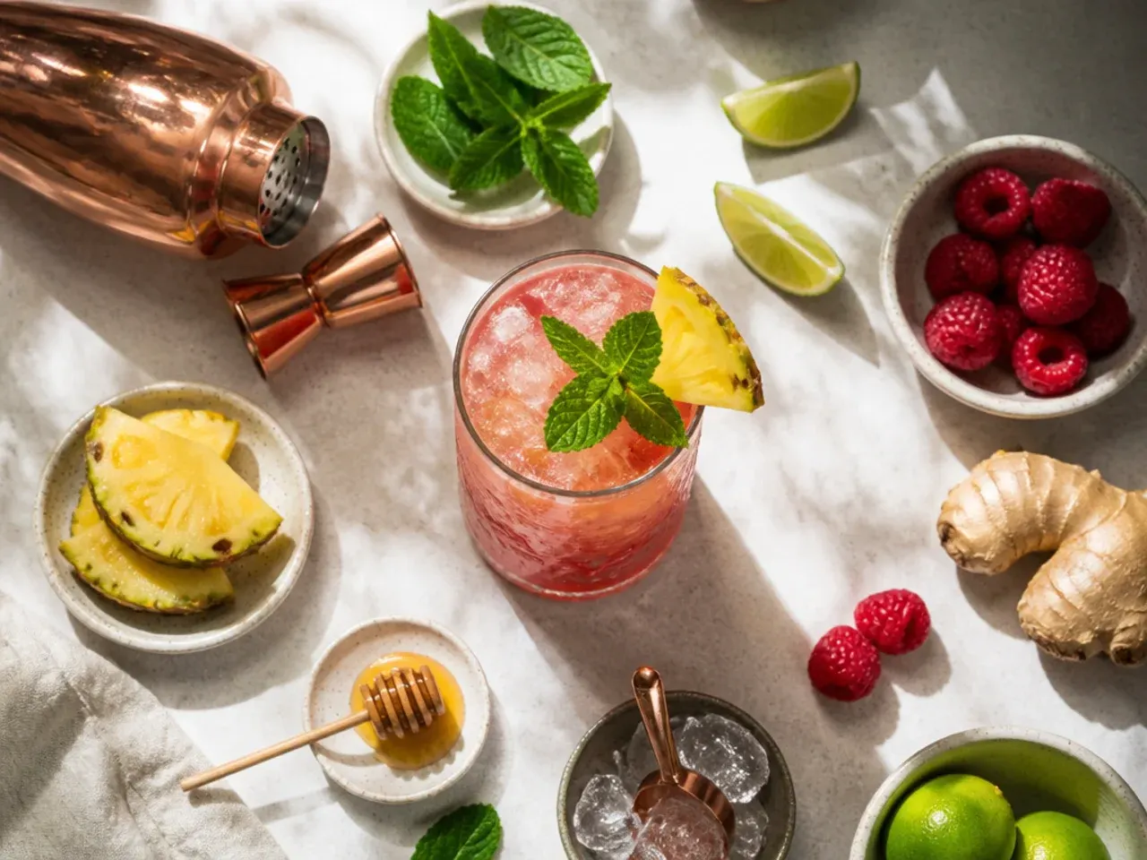 Bartender-style hands muddling mint and fruit for a non alcoholic drink