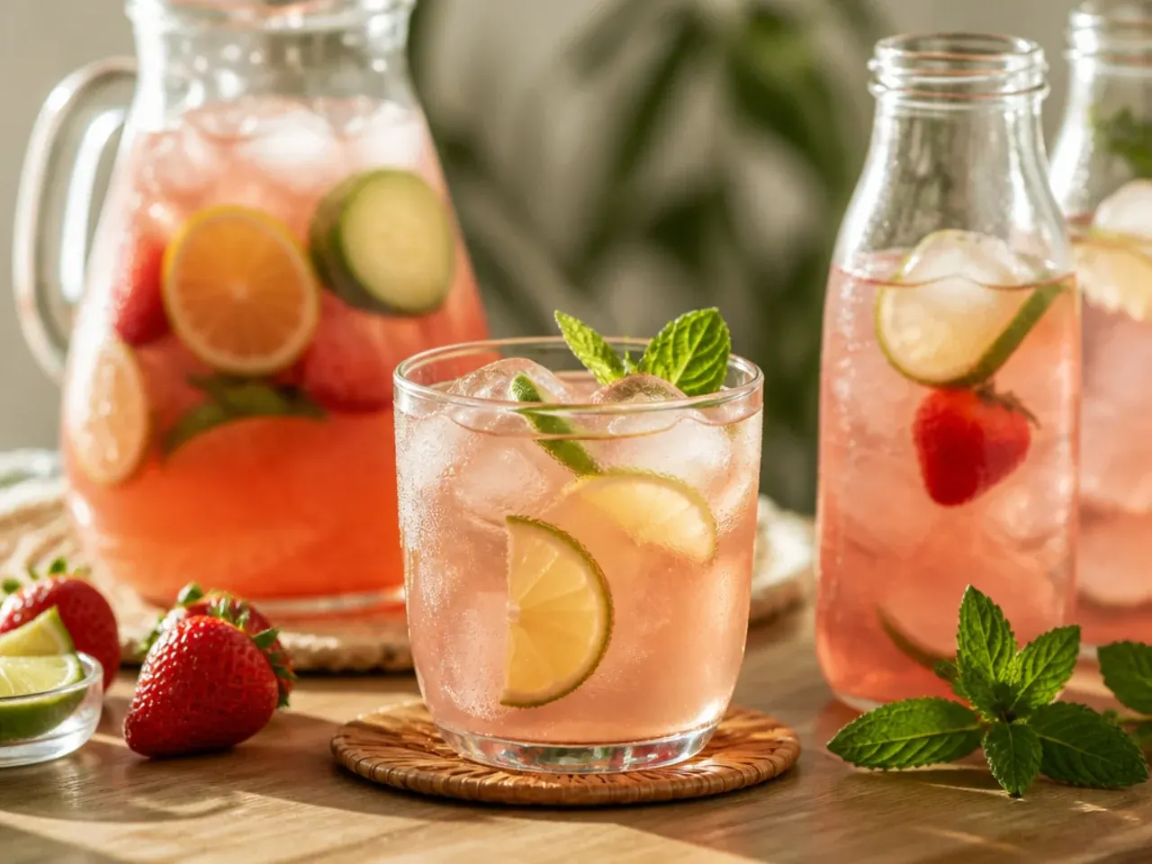 A large pitcher of batched fruit drink base surrounded by glasses on a party table
