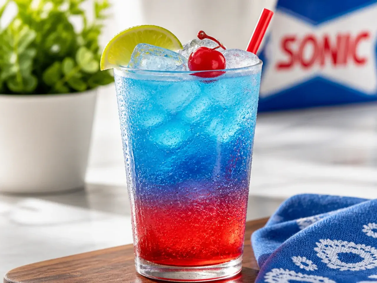 Overhead shot of ingredients for copycat Sonic drinks including soda bottles, syrups, cream, limes and cherries
