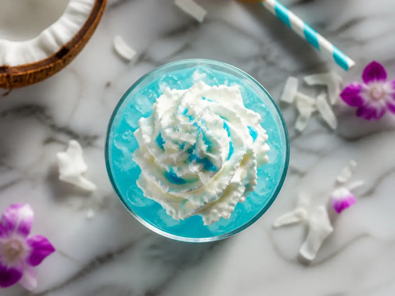 Bright blue Ocean Water copycat drink with cream floating on top in a clear cup with pellet ice
