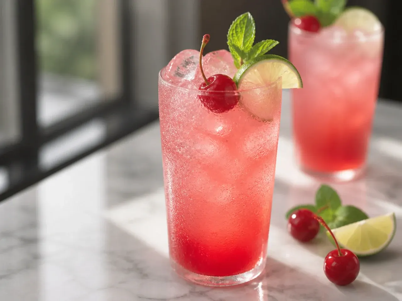 Classic cherry limeade in a tall glass with lime wedges and maraschino cherries