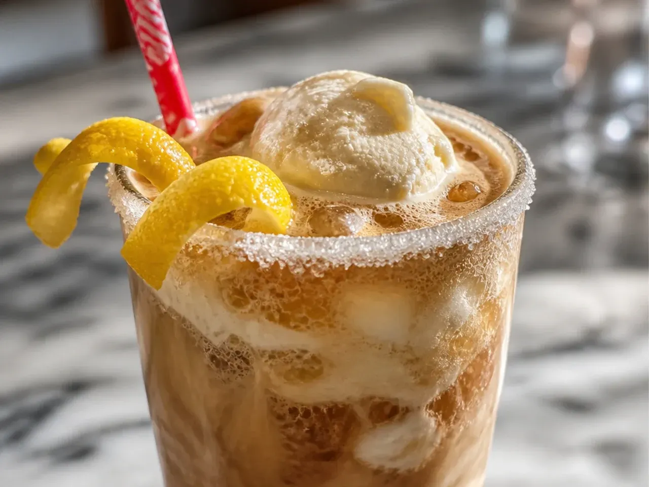 Vanilla cola float with a scoop of vanilla ice cream and a striped straw