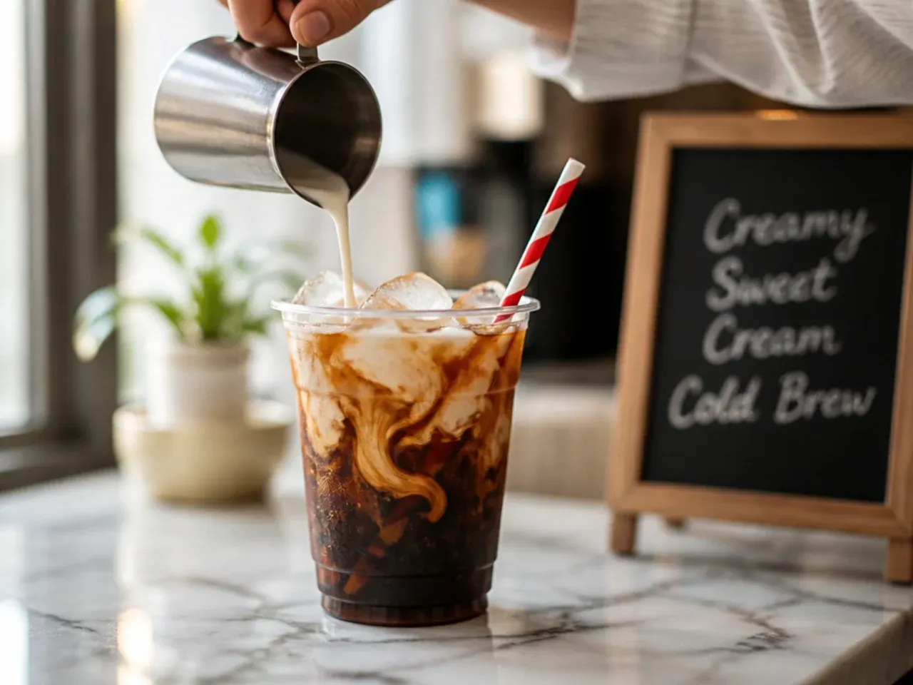 Iced coffee drink topped with a swirl of sweet cream in a clear plastic cup