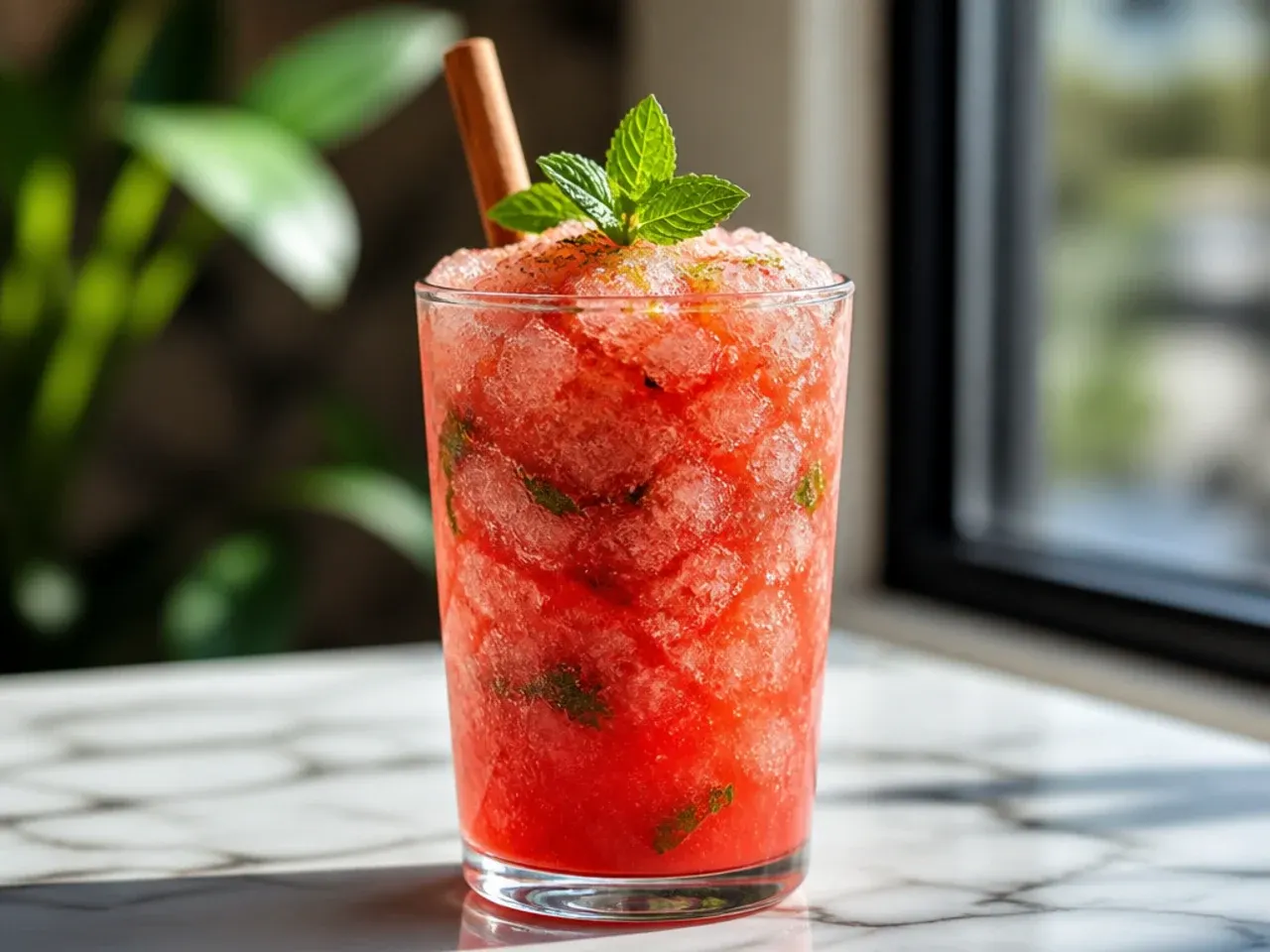 Pink watermelon mint slush in a glass with fresh mint sprig garnish