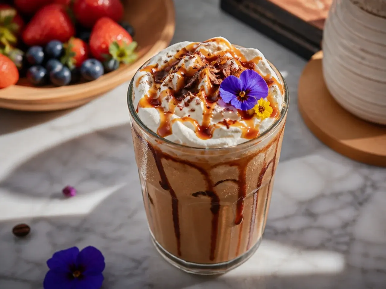 Warm salted caramel mocha in a mug with whipped cream and caramel drizzle