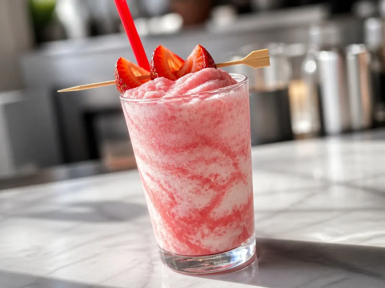 Pink strawberry cream slush topped with whipped cream in a tall cup