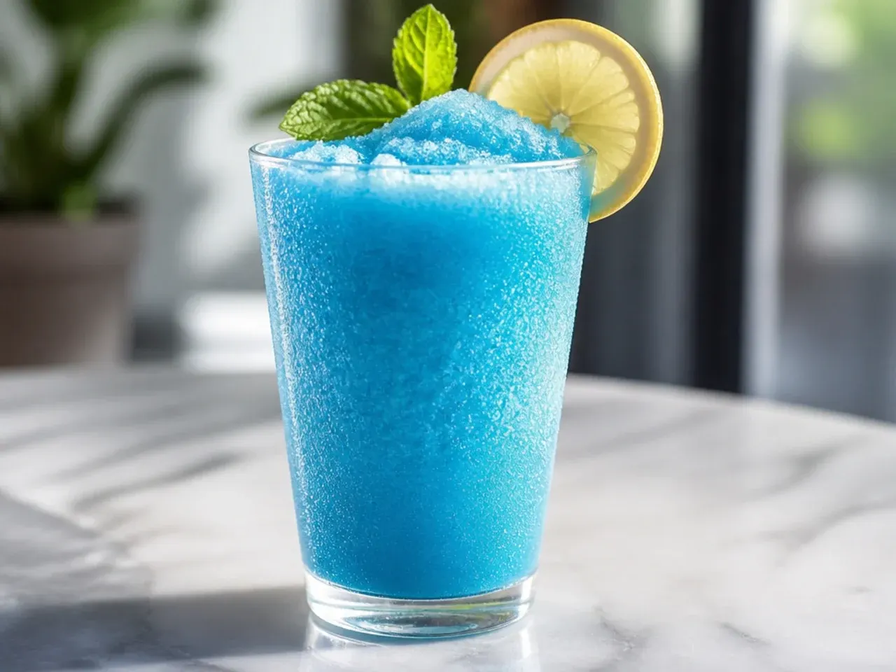 Vivid blue raspberry slush in a plastic cup with a straw, condensation on the outside