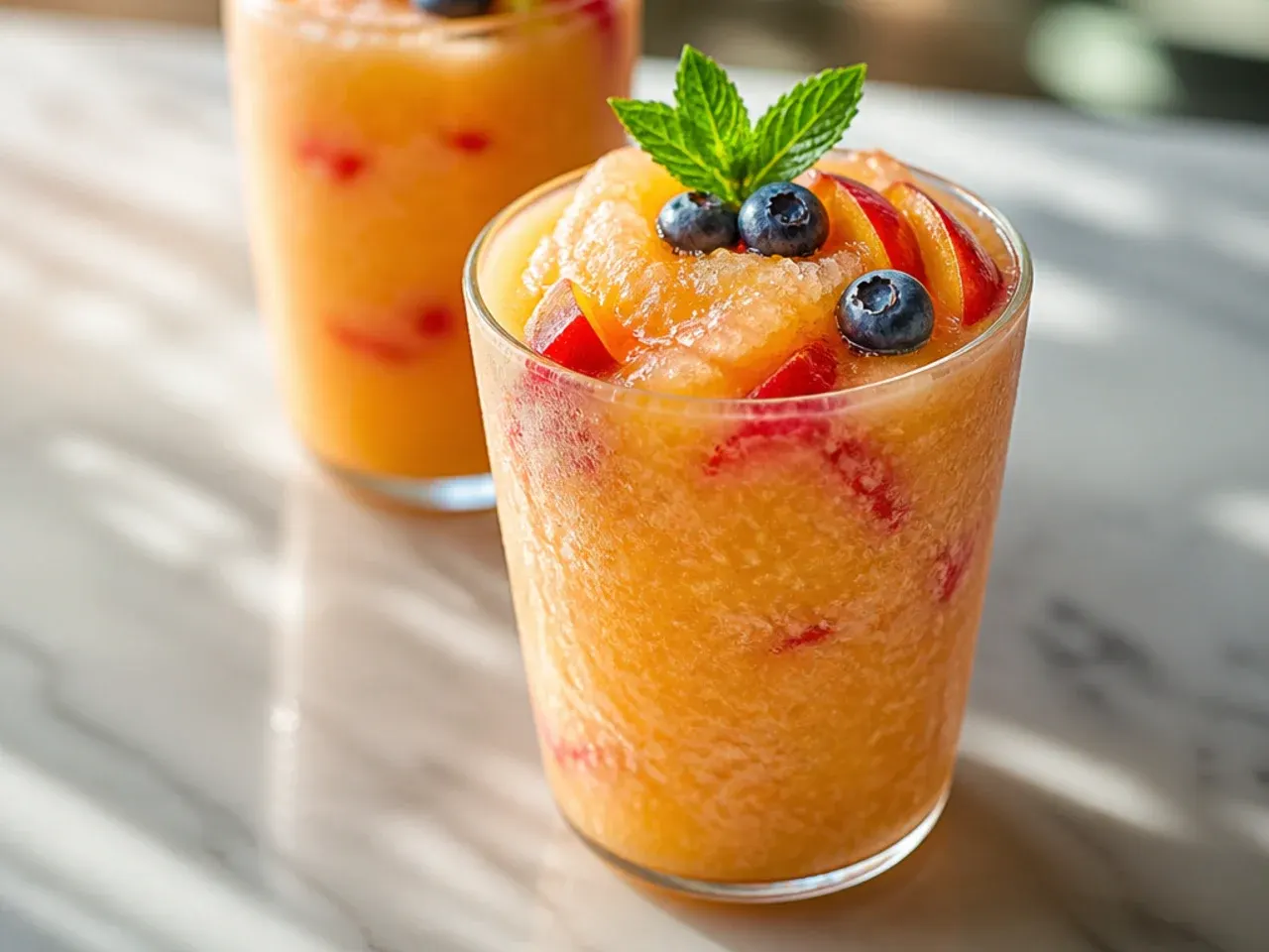 Orange mango peach slush in a glass garnished with a peach slice