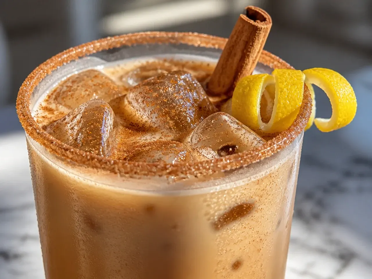 Spiced vanilla latte with cinnamon dusted foam in a glass mug