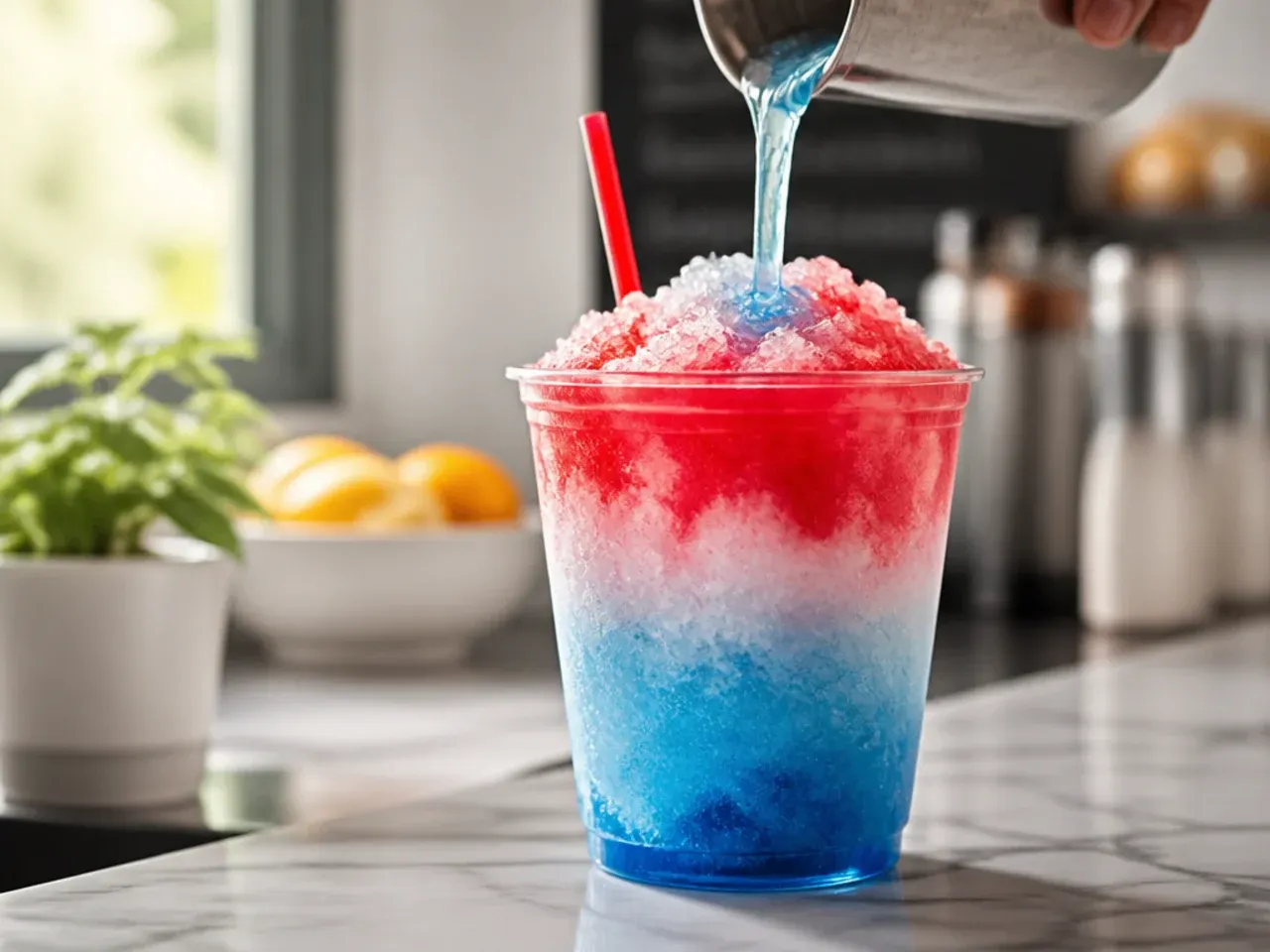 Layered red white and blue slush drink in a tall clear cup