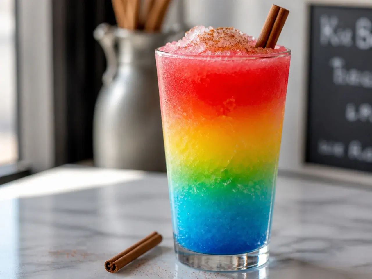 Rainbow layered slush with distinct colourful stripes in a tall glass
