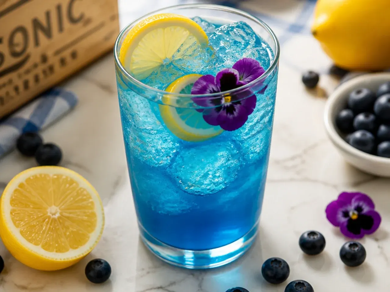 Bright blue raspberry lemonade in a glass with frozen raspberries and a lemon wheel