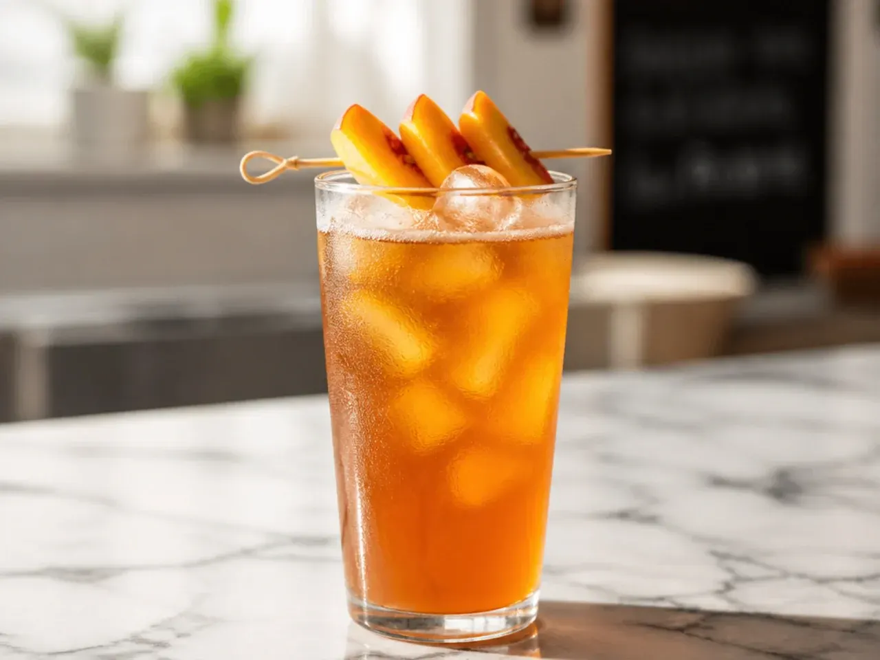 Peach sweet tea in a mason jar with a peach slice garnish and ice