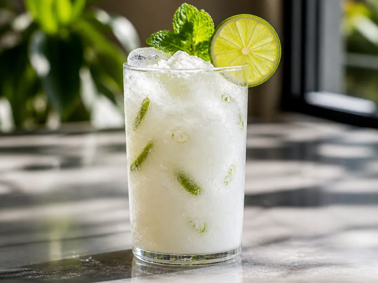 Coconut lime cooler in a glass with a lime wheel garnish