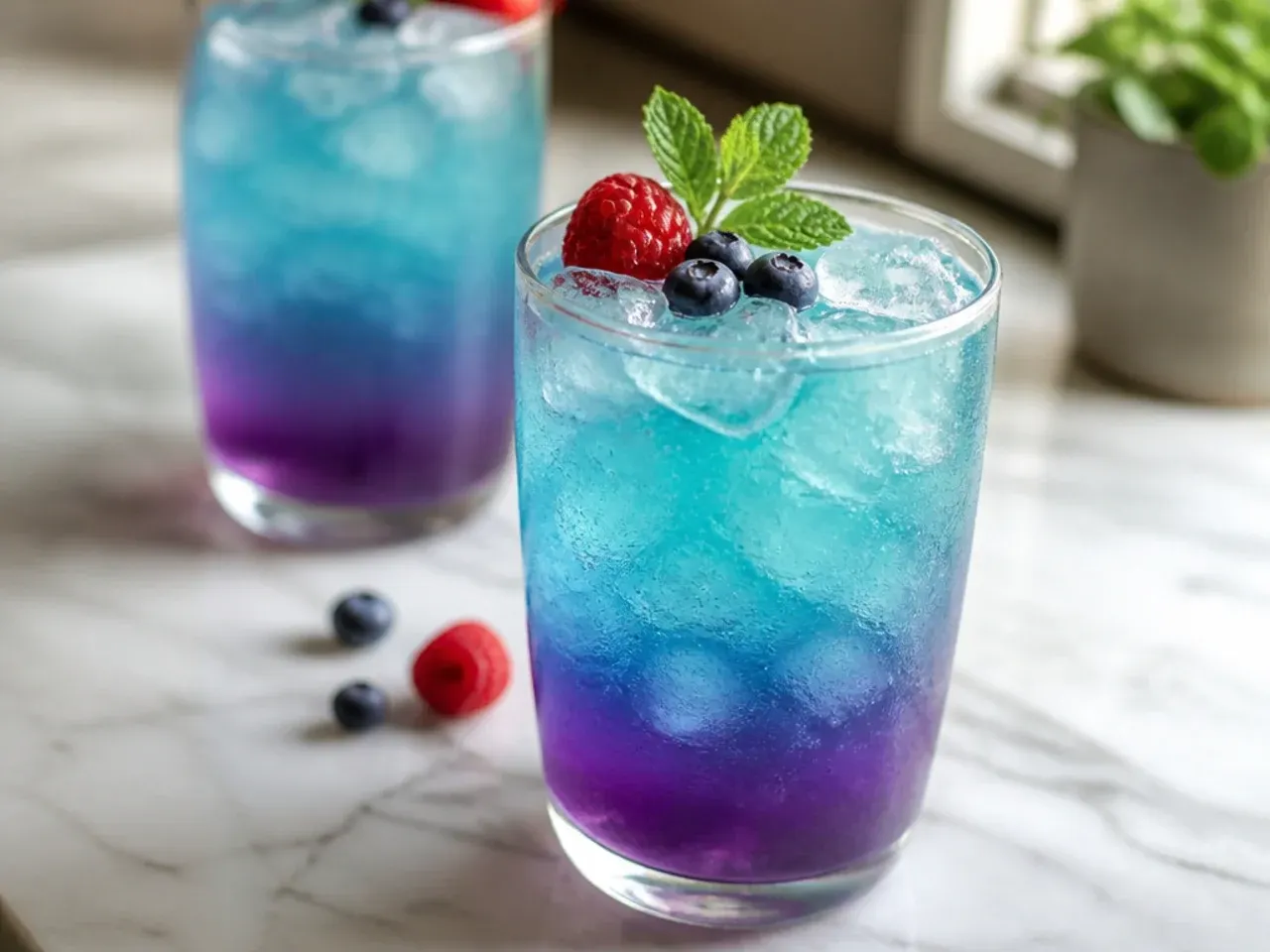 Mermaid Water drink with sliced strawberries and a lemon wedge in a clear glass