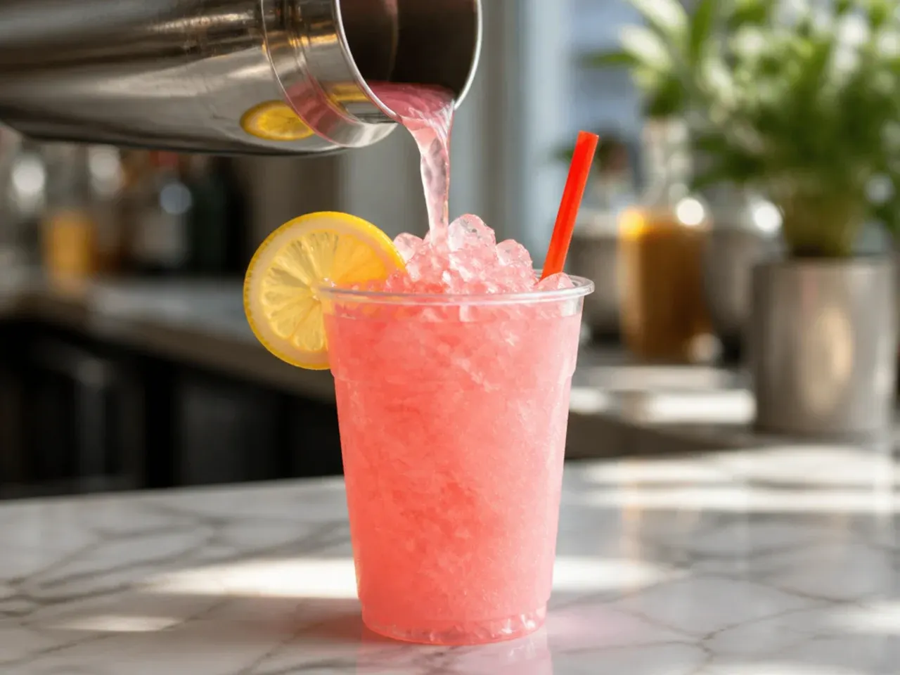 Bright pink lemonade slush in a cup with a lemon wheel garnish
