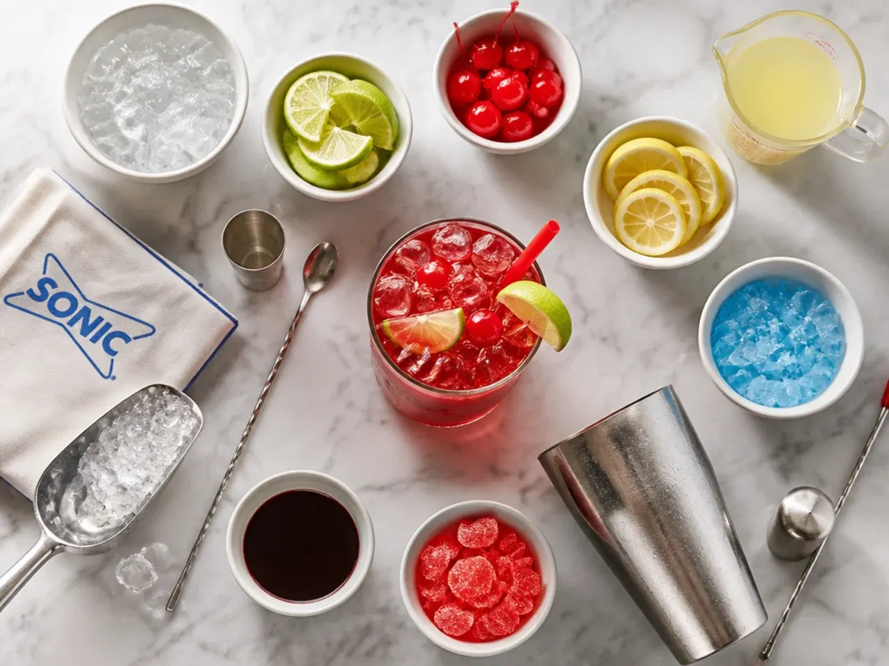 Close-up of pellet ice being scooped into a glass for a copycat Sonic drink