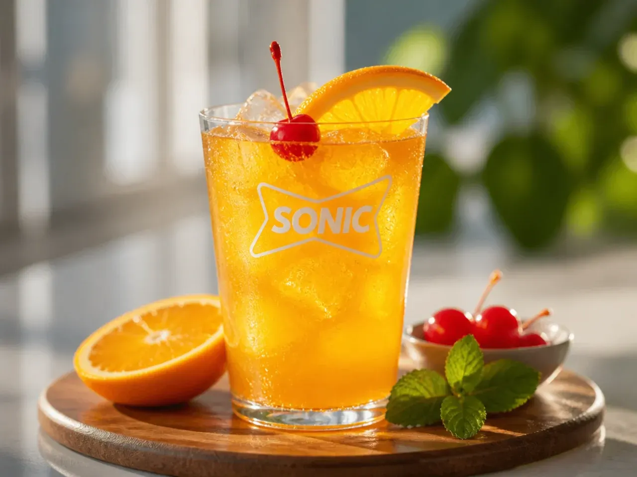 A drink bar setup with syrups, fruit garnishes and striped straws for building copycat Sonic drinks