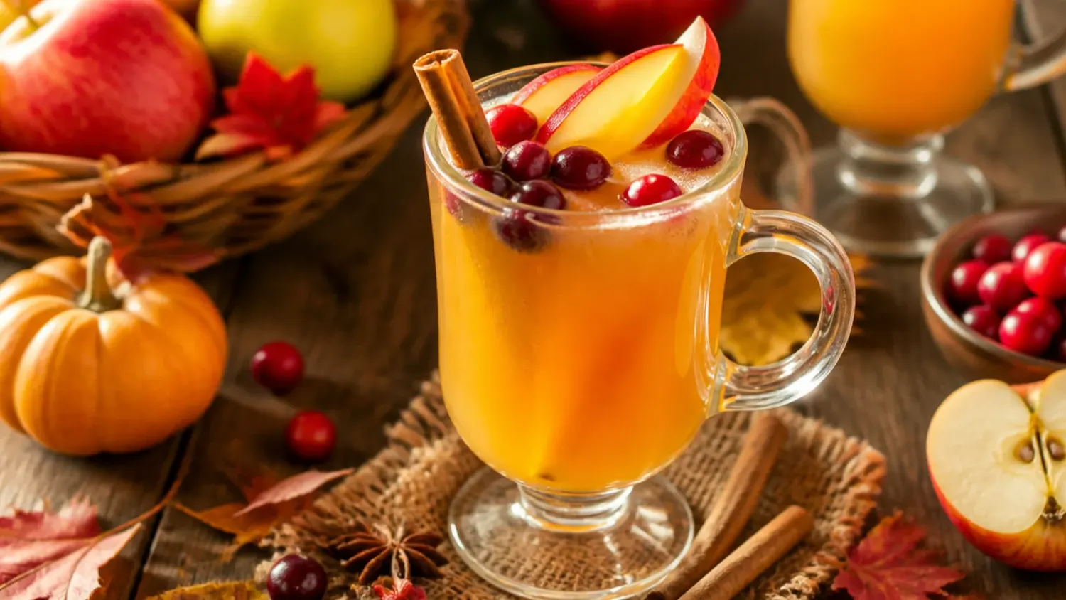 A wooden Thanksgiving table set with a glass punch bowl of sparkling cranberry apple cider, mugs of mulled wine, and a pitcher of pumpkin spice eggnog surrounded by orange slices and cinnamon sticks
