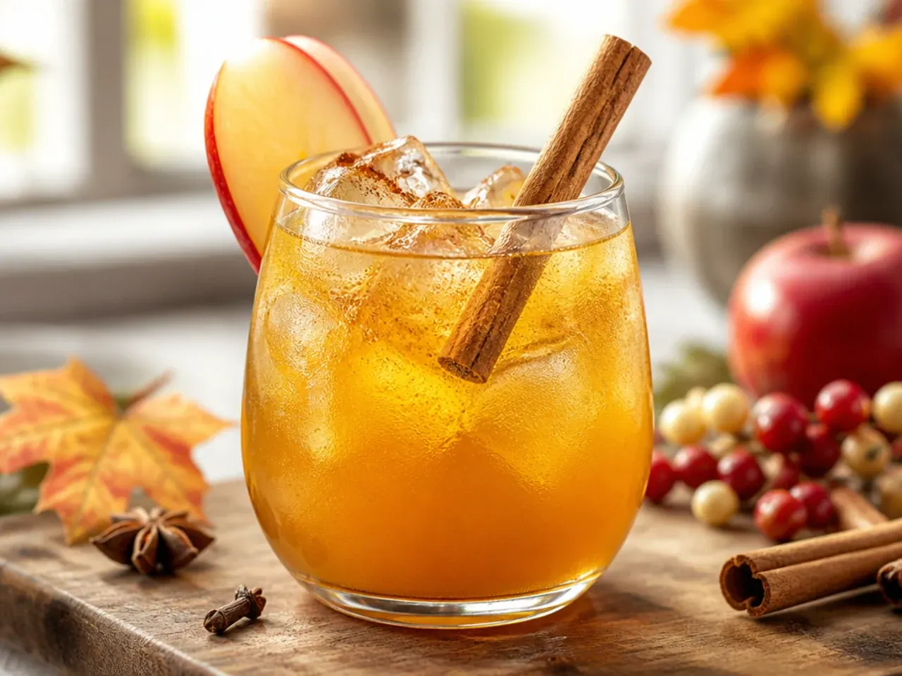 Overhead shot of several Thanksgiving drink glasses arranged on a table, including cider, punch, and eggnog