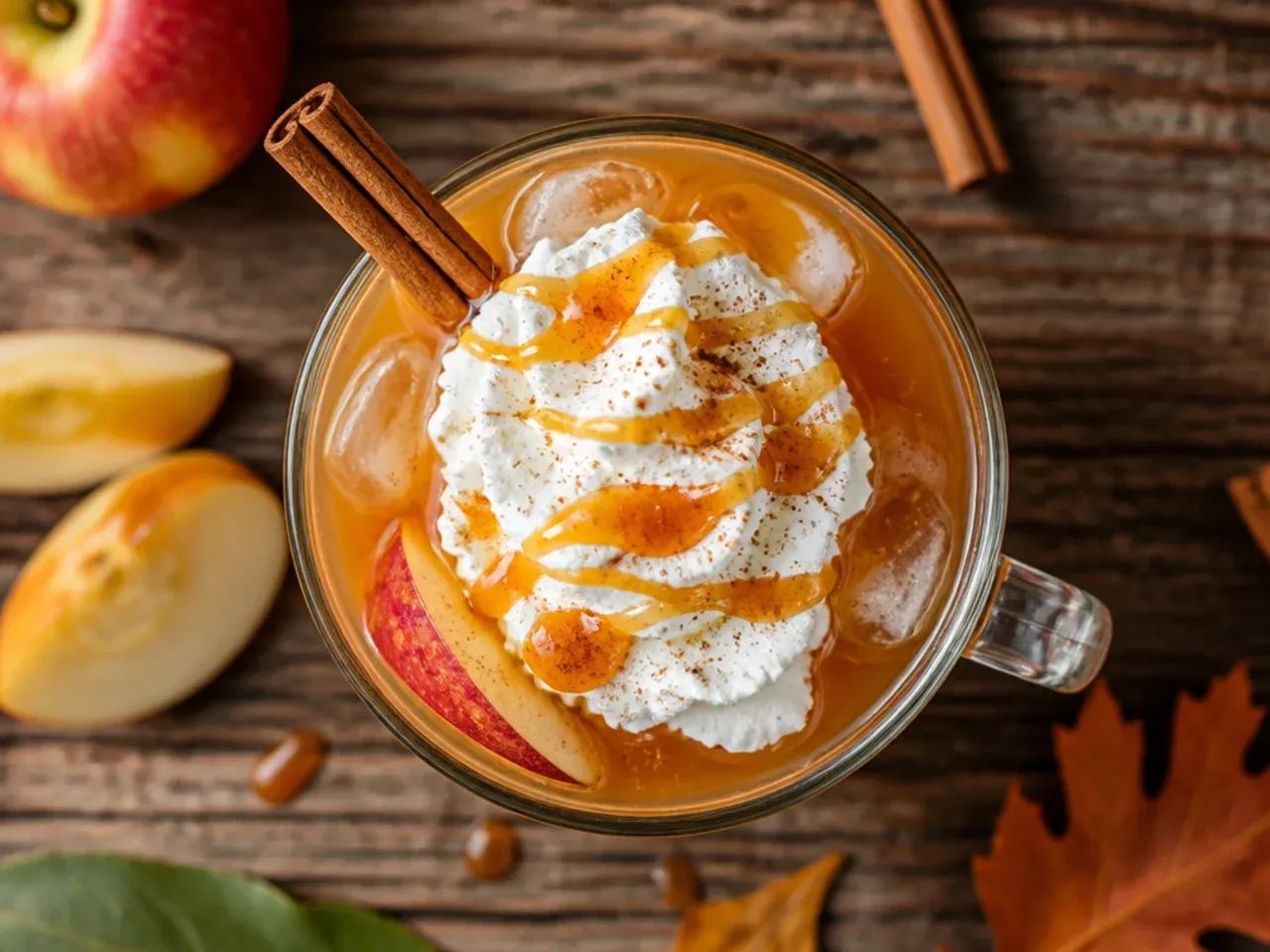 Tall glass of iced spiced apple cider with a cinnamon stick and apple slice garnish