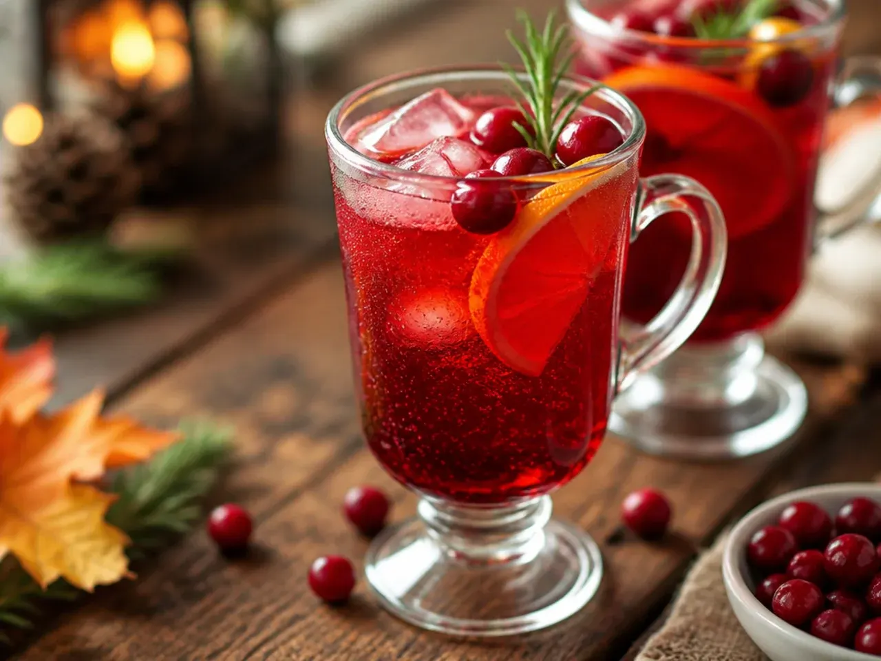Glass punch bowl filled with classic sparkling cranberry punch, floating cranberries, and an orange slice