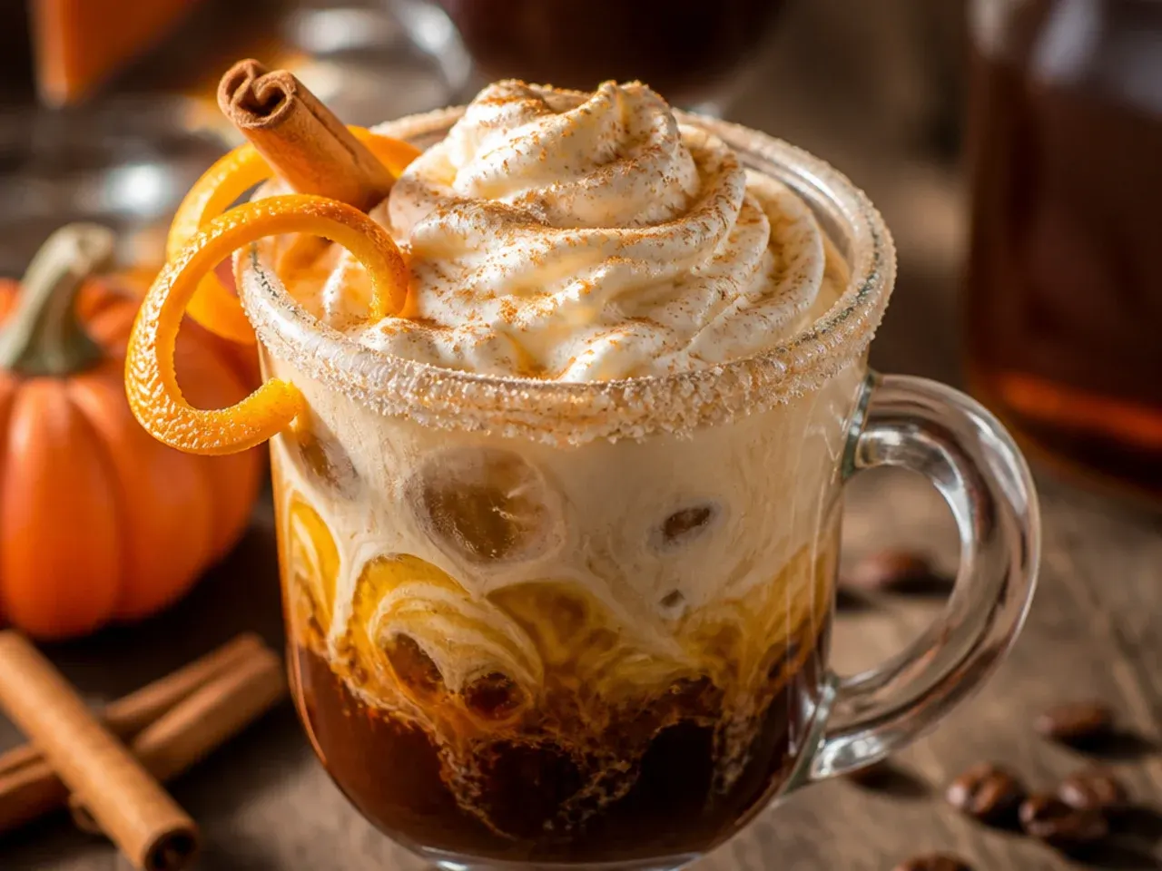 Iced pumpkin cream cold brew with a swirled cream top and cinnamon dusting
