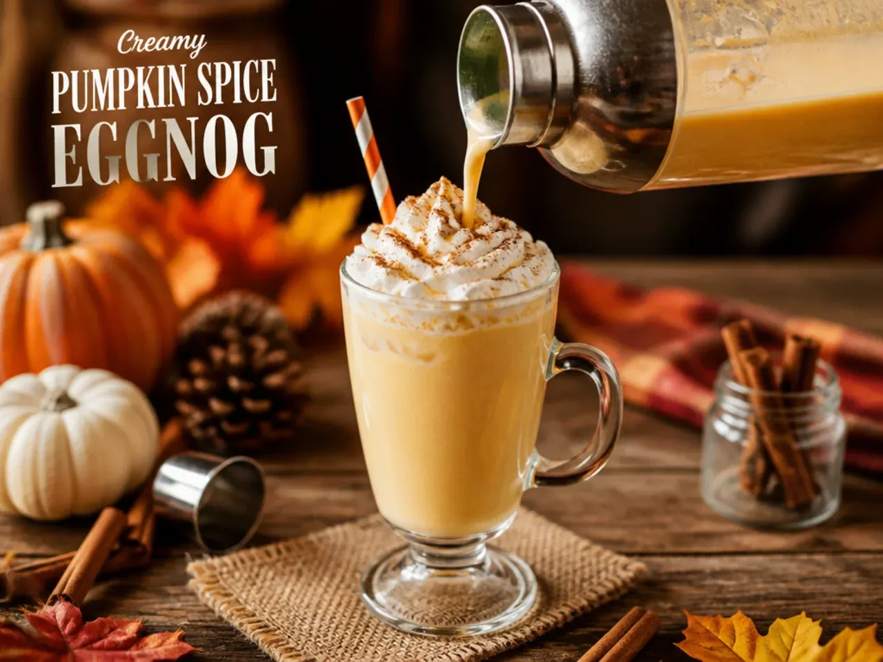 Small glass mugs of creamy pumpkin spice eggnog topped with grated nutmeg