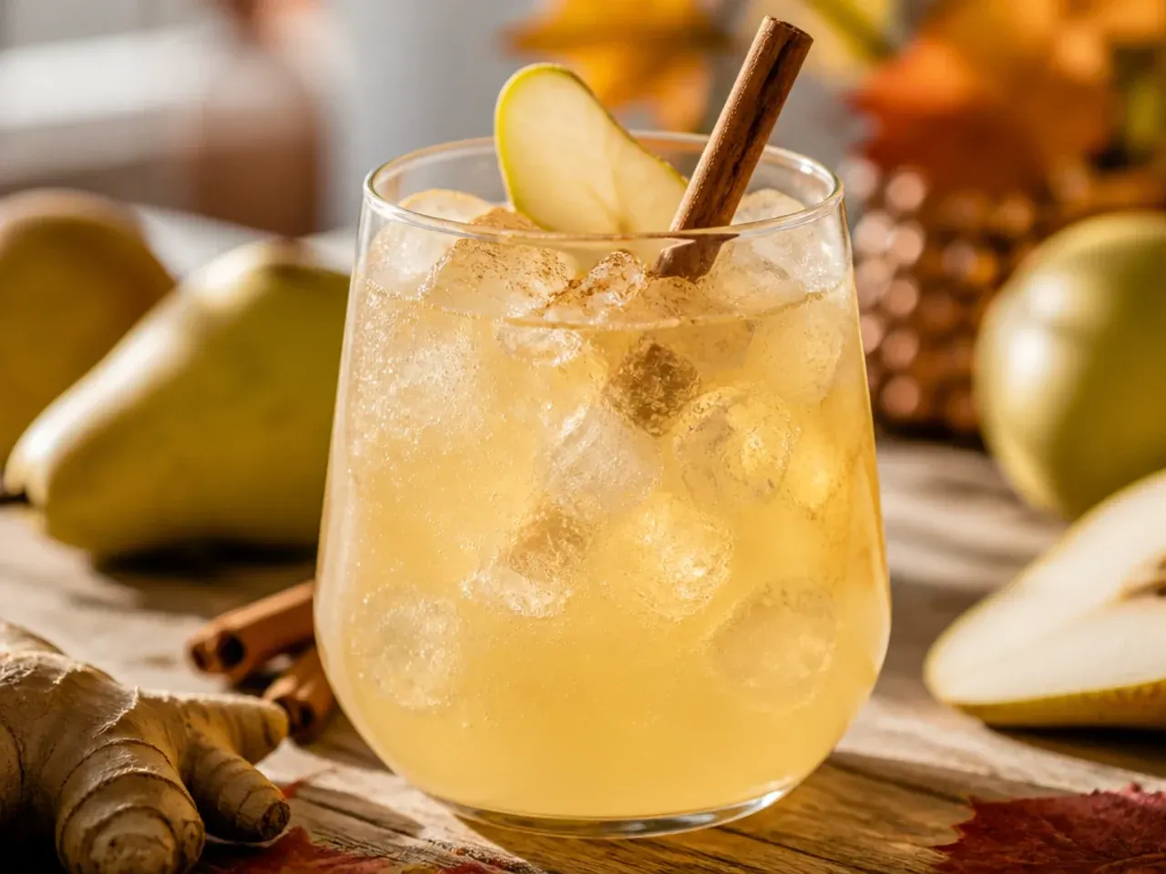 Tall glass of pear ginger fizz with sparkling water and a thin pear slice garnish