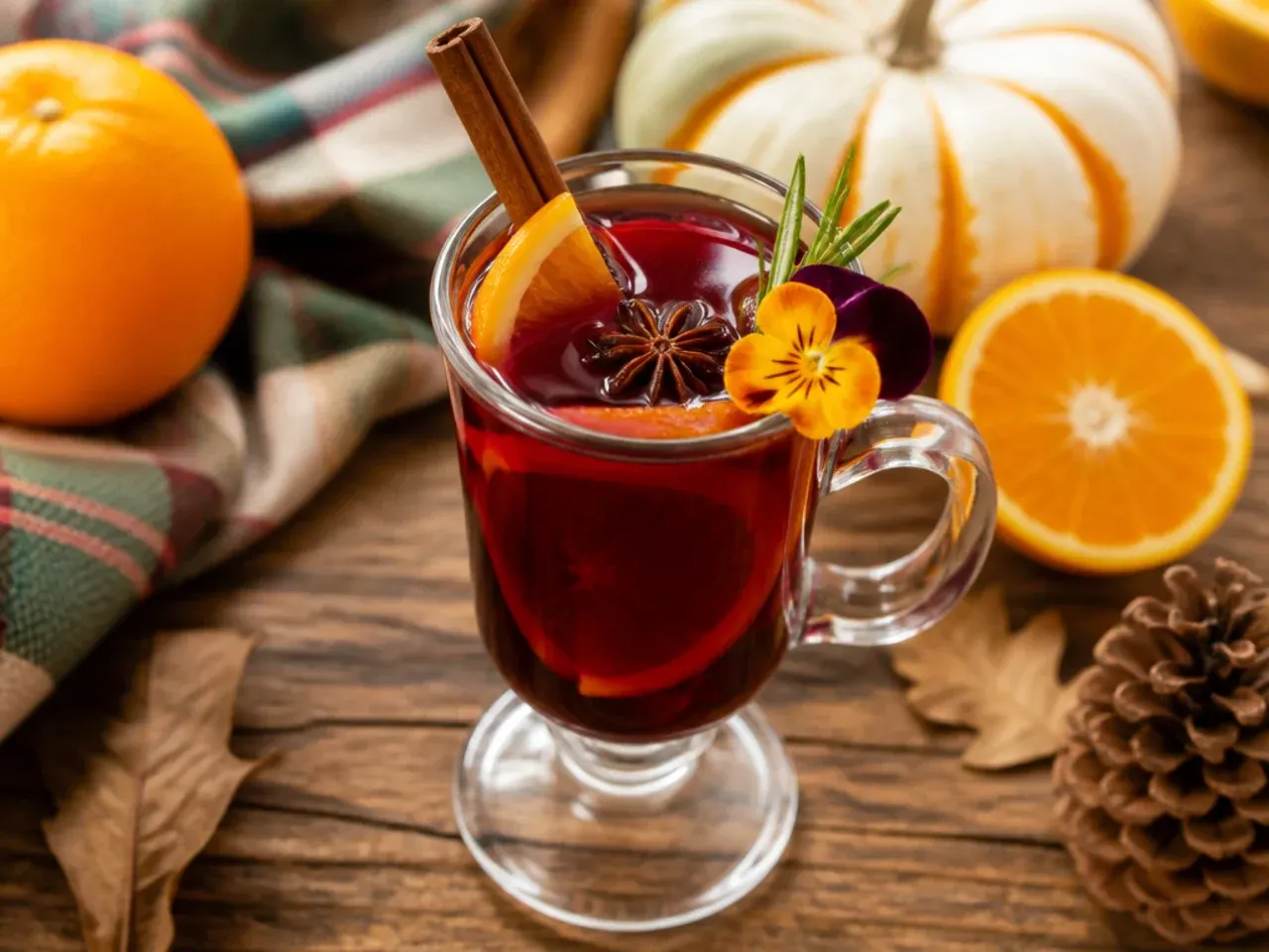 Steaming mug of mulled red wine with cinnamon sticks and orange peel
