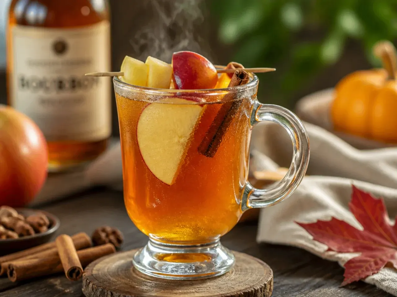 Short glass of maple bourbon cider with a cinnamon stick stirrer and salted rim