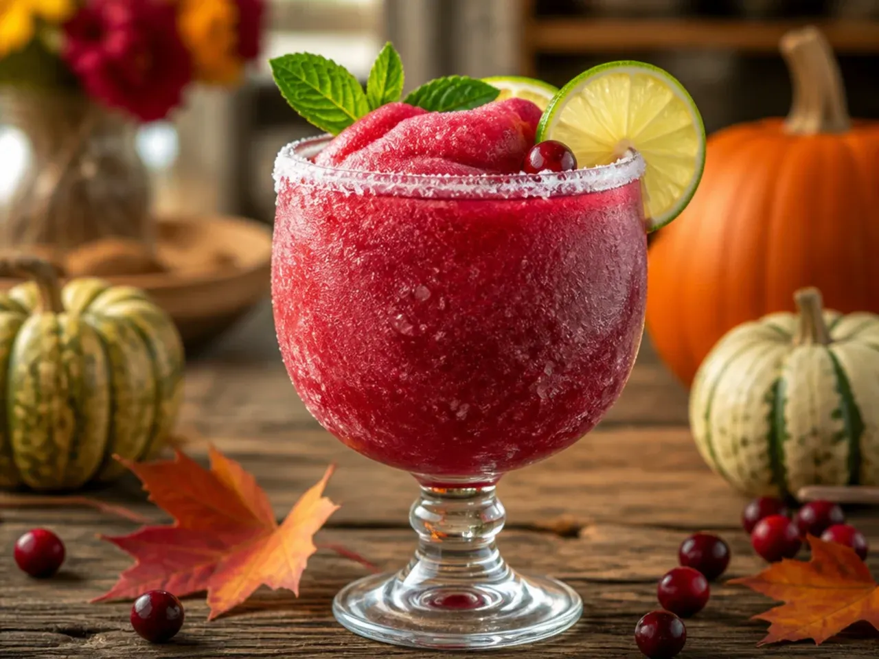 Frozen cranberry margarita in a sugar-rimmed glass with fresh cranberries on top